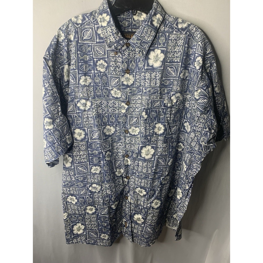 Mens 2XL Navy Tropical Fish Woolrich Hawaiian Blue Button Down Beach Cotton